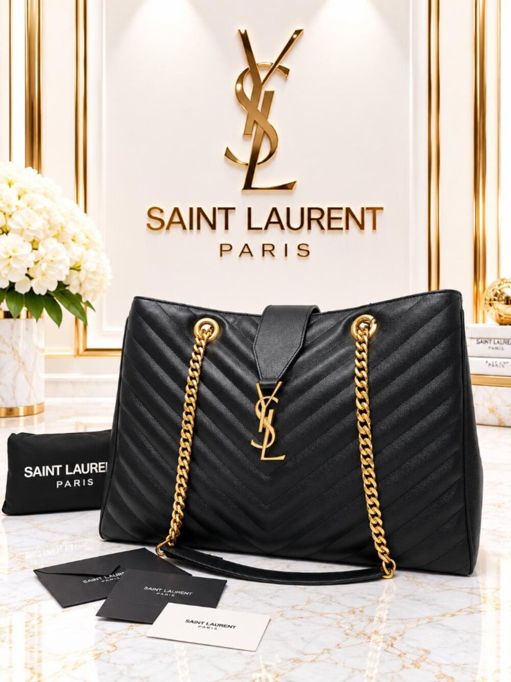 Authentic Saint Laurent YSL Large Loulou Quilted Leather Gold Chain Tote Bag